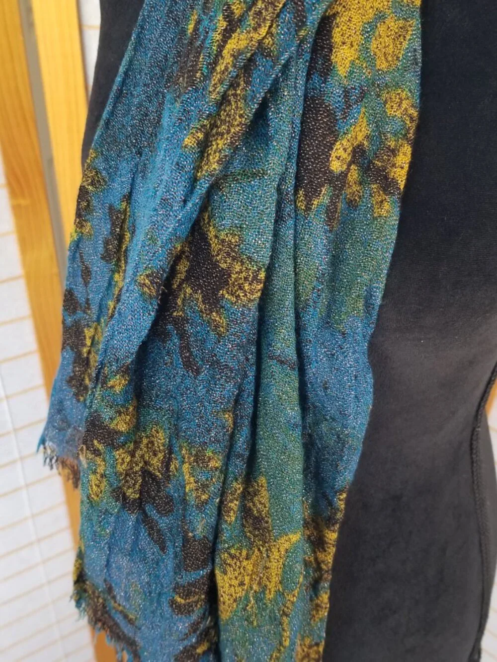 Ann Taylor Blue Scarf Night Sky Black Gold Accents Rectangular Wool Blend Long